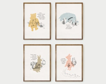 Classic Winnie-the-Pooh nursery prints, book printable quote, Set of 4 prints, baby shower, birthday party decor, nursery wall art