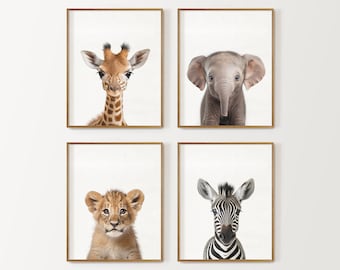 Impresión de vivero Safari, decoración de vivero Safari, conjunto de 4 animales de vivero Safari imprimibles, arte de pared de vivero de selva, impresión digital, arte de sala de juegos