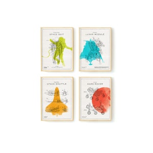May include: Set of four vintage-style prints featuring space exploration themes. Each print has a black and white illustration of a space suit, lunar module, space shuttle, and mars rover. Each print has a watercolor background in a different color: green, blue, orange, and red.