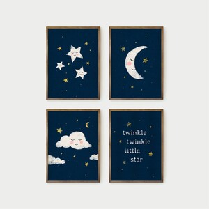 twinkle twinkle little star nursery prints, series of 4, digital download, kid&#39;s room decor, moon and stars art, gender neutral