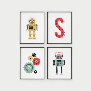 robot print series of 4, retro poster, nursery print, kid&#39;s room decor, printable digital download, robot wall art