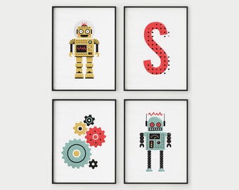 May include: Set of four printable wall art prints featuring robots and gears. The prints are in a minimalist style with a black frame and white background. The prints feature a yellow robot, a blue robot, a red letter S, and a set of gears in blue, red, and yellow.