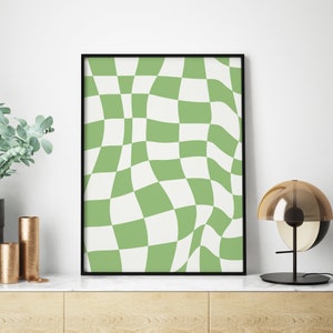 wall decor green wavy checkered poster, printable digital download, sage green wall art, checkerboard print, abstract geometric modern