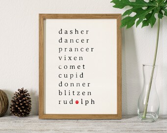 reindeer printable, christmas reindeer decor, reindeer names print, xmas rudolph decoration, christmas decorations, farmhouse style