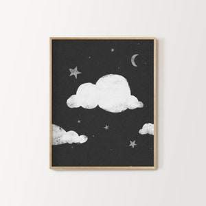 May include: Black and white illustration of a night sky with clouds and stars. The clouds are white and the stars are white with a gray outline. There is a crescent moon in the upper right corner of the image.