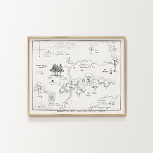 Mappa in legno di 100 acri, Winnie-the-Pooh stampabile, stampe per bambini, maialino, gufo, coniglio, Ih-Oh, decorazioni per feste di compleanno, baby shower, legno di 100 aker
