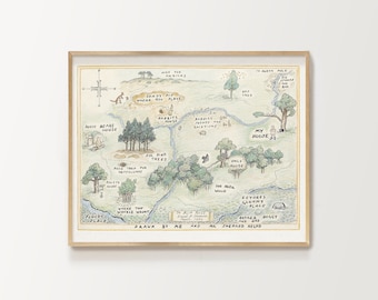 100 acre wood map, printable Winnie-the-Pooh, nursery prints, Piglet, Owl, Rabbit, Eeyore, birthday party decor, baby shower, 100 aker wood