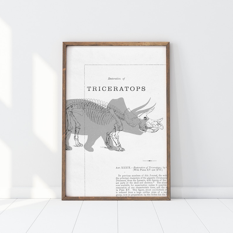 May include: A framed print featuring a detailed illustration of a Triceratops skeleton, with the title "Restoration of Triceratops" in bold letters. The artwork is in black and white, set against a vintage paper background, and encased in a brown wooden frame.