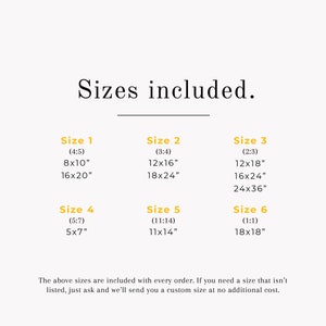 May include: White background with text that reads "Sizes included." Below are six size options, including 8x10 inches, 16x20 inches, 12x16 inches, 18x24 inches, 5x7 inches, 11x14 inches, and 18x18 inches. The text also states that custom sizes are available.