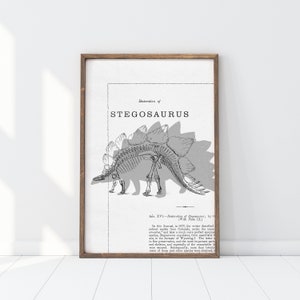 May include: A framed print featuring a black and white illustration of a Stegosaurus skeleton. The artwork includes the text "Restoration of STEGOSAURUS" and scientific notes. The frame is a warm brown color, adding a classic touch to the paleontological theme.