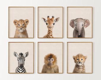 Impresión de vivero Safari, decoración de vivero Safari, conjunto de 6 animales de vivero Safari imprimibles, arte de pared de vivero de selva, impresión digital, arte de sala de juegos