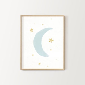 white moon and stars nursery print, digital download, kid&#39;s room decor, twinkle twinkle little star wall art, gender neutral nursery poster