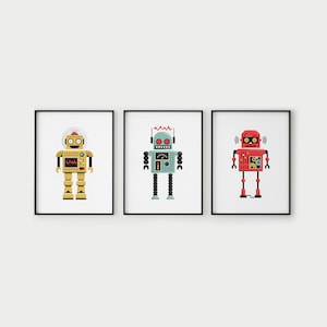 robot print series of 3, retro poster, nursery print, kid's room decor, printable digital download, robot wall art