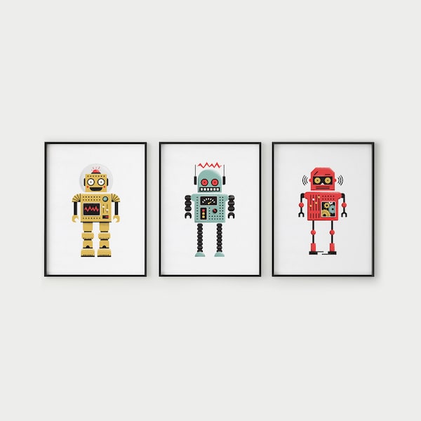 robot print series of 3, retro poster, nursery print, kid's room decor, printable digital download, robot wall art