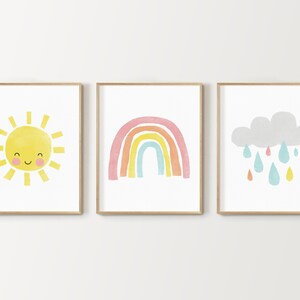 rainbow series of 3 nursery prints, rainbow wall decor, nursery print, kid&#39;s room decor, printable digital download, sunshine, clouds