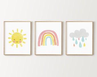rainbow series of 3 nursery prints, rainbow wall decor, nursery print, kid's room decor, printable digital download, sunshine, clouds