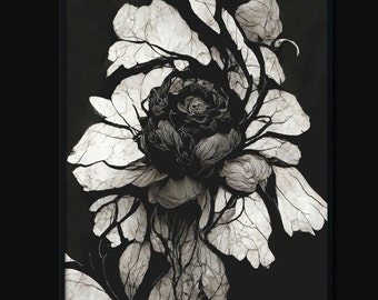 Black & White Flowers Wall Art | Dark Botanical Print | Whimsigothic Decor | Gothic Plant Art Print | Goth Bedroom Decor | Gothic Home Decor