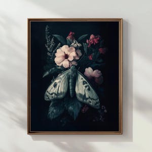 Florale Motte Kunstdruck | Whimsigoth Deko | Gothic Wandkunst | Boho Eclectic Wall Art | Witchy Poster | Fairycore Moth Print | Hexe Gift