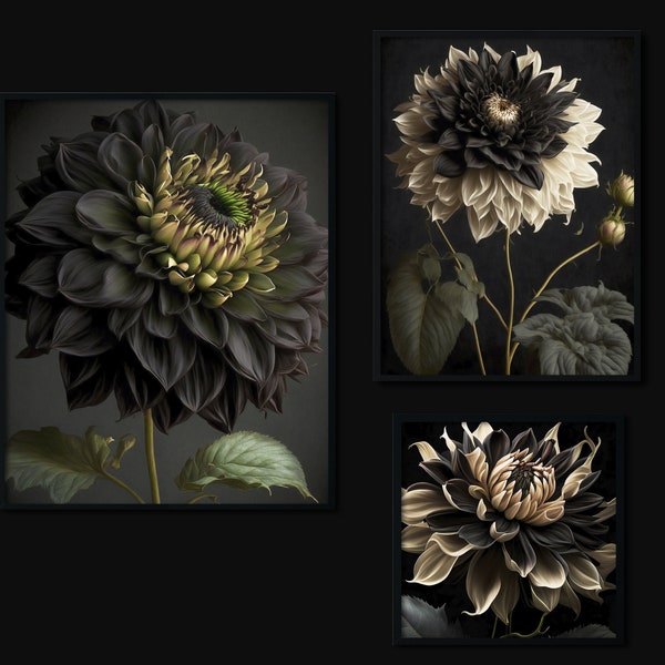 Schwarze Dahlie 3er Set PRINTABLE | 3x Dark Botanical Wandkunst | Goth Decor | Dark Boho | Grunge Fairycore | Digitaler Download JPEG