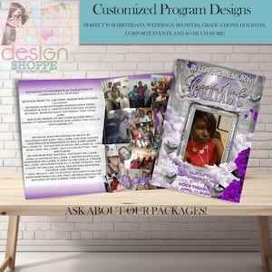 May include: Customized program designs for events. The image shows a memorial program with a photo, text, and purple floral accents. The program includes the text "In Loving Memory" and the name "Shyeeda Nickole Williams."