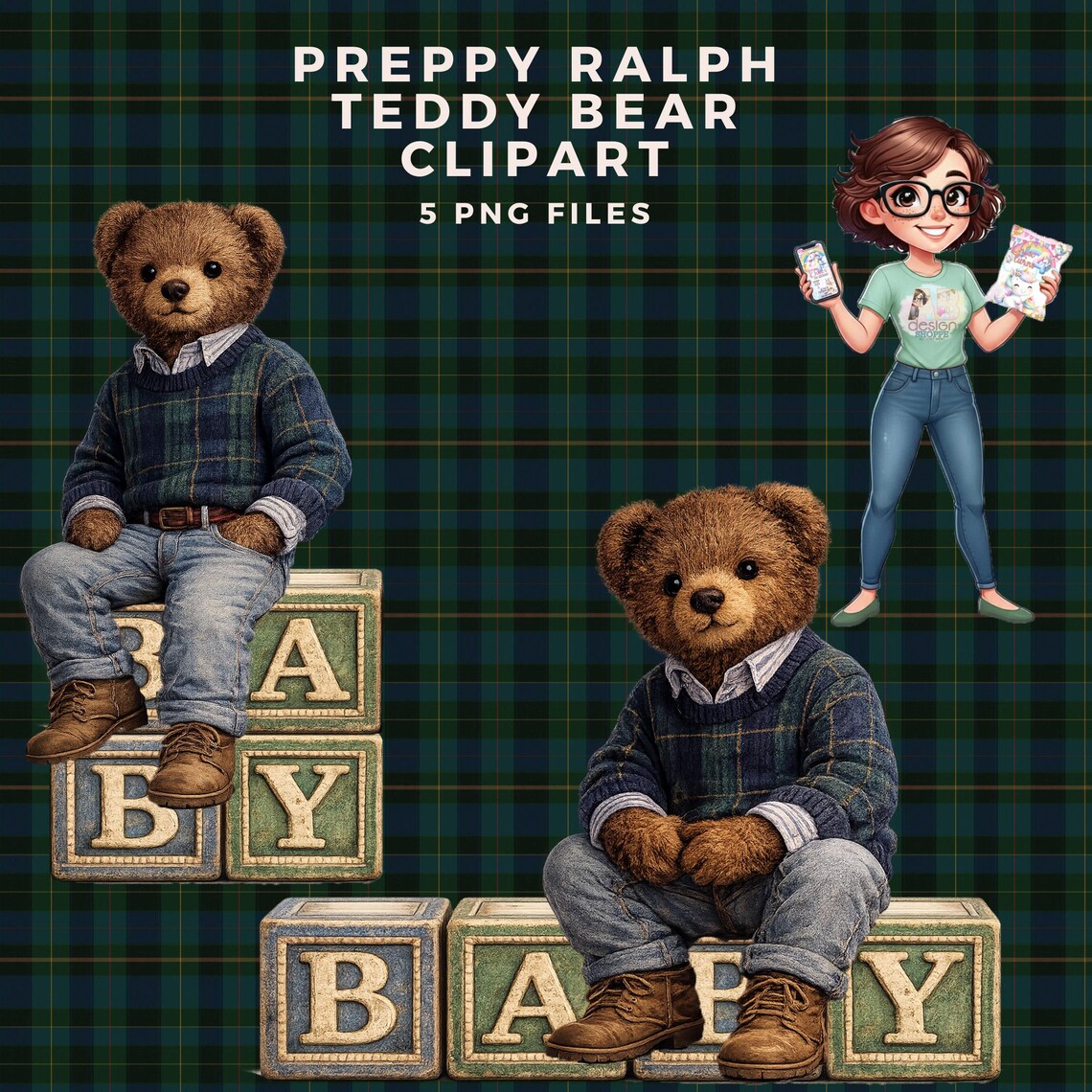 Preppy Ralph Teddy Bear Clipart | Plaid Teddy Bears and Baby Blocks | 5 ...