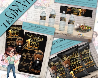 Teddy Bear Black Bib Canva Templates Digital Bundle - Digital Download