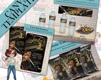 Girl Teddy Bear Black Bib Canva Templates Digital Bundle - Digital Download