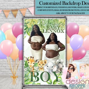 May include: A custom backdrop banner for a baby shower, featuring a photo of a pregnant person, the text "Welcoming Baby Lennox", and the words "Oh Boy". The design includes jungle animals and colorful balloons.