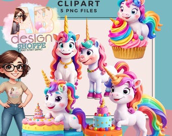 Rainbow Unicorn Clipart | Birthday Unicorn | 5 PNG Files