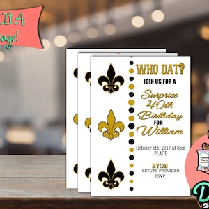 Digital Black and Gold Fleur De Lis Saints Custom Birthday Invitation