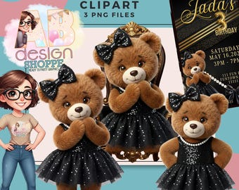 Black Bib Girl Teddy Bear Clipart | Luxury Teddy Bears | 3 PNG Files