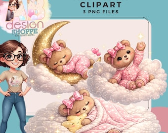 Baby Teddy Bear Moon Clipart | Pink Pajamas, Clouds, Stars (Digital Download)