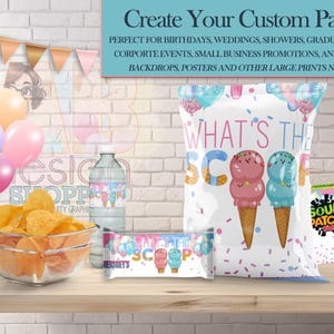 May include: A display of party supplies featuring a variety of items. Includes a large bag and small boxes with ice cream cone graphics, a water bottle, and a bowl of chips. Balloons and a banner are also visible.