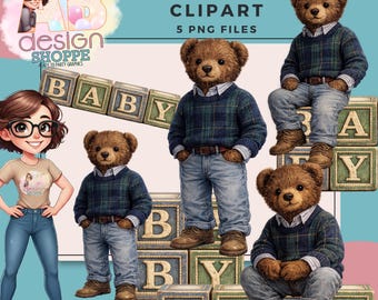 Preppy Ralph Teddy Bear Clipart | Plaid Teddy Bears and Baby Blocks | 5 PNG Files