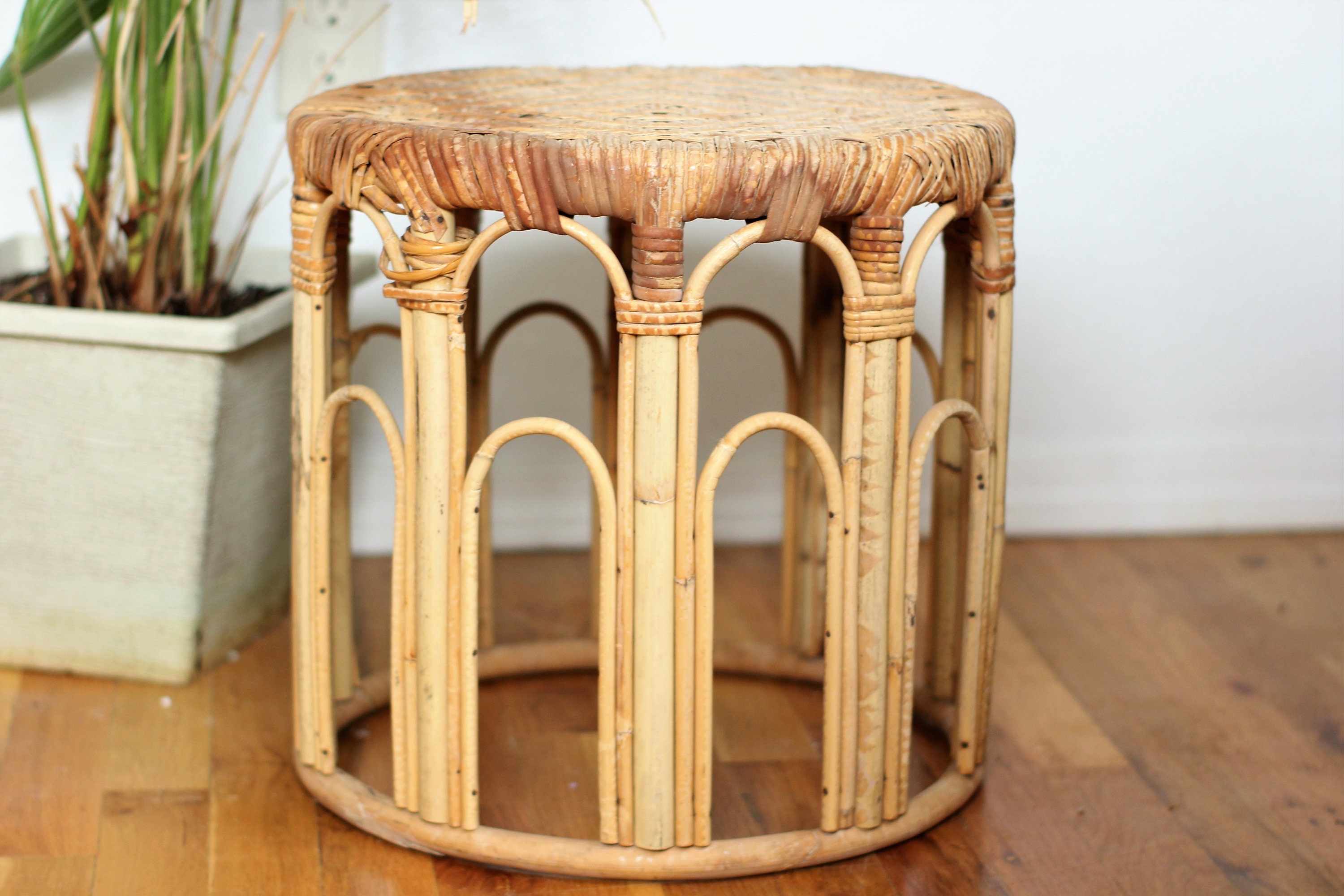 Vintage Rattan Plant Stand Side Table Planter Bohemian Etsy