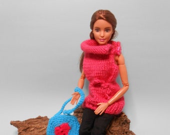 Knitted sweater for barbie by Jolie Lucienne, barbie sweater dress, barbie size clothes, barbie dress, barbie gift, poppy parker.