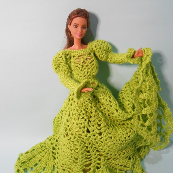 Gala dress for OOAK , party dress for doll knitted by hand , long dress knitted in yarn for barbie .