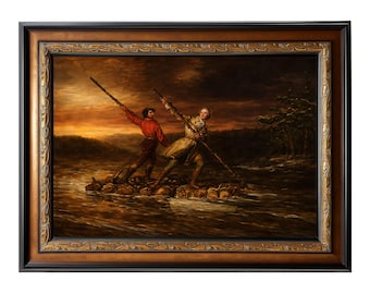 Pode incluir: Pintura emoldurada que retrata duas figuras numa jangada navegando em um rio ao pôr do sol. Uma figura usa uma camisa vermelha, a outra um casaco bege. Ambos seguram longas varas. A moldura é ornamentada com tons dourados e marrons.