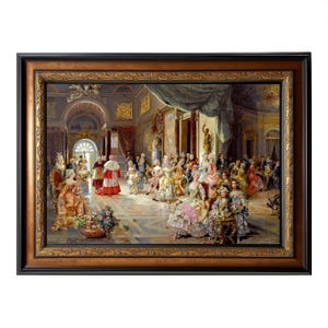 May include: A framed painting of a historical ball. The artwork shows many figures in period dress, set in a grand, ornate interior. The frame is dark with gold accents, enhancing the classical aesthetic. The painting is in a dark wooden frame.
