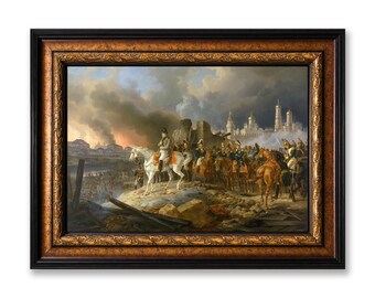 Napoleon in Burning Moscow Framed Canvas Wall Art, Albrecht Adam Napoleonic Wars Painting Print, Vintage Military Large Wall Decor