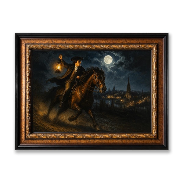 The Midnight Ride of Paul Revere Framed Canvas Wall Art, Revolutionary War Horseman Night Scene Art Print, Patriotic Historical Wall Decor