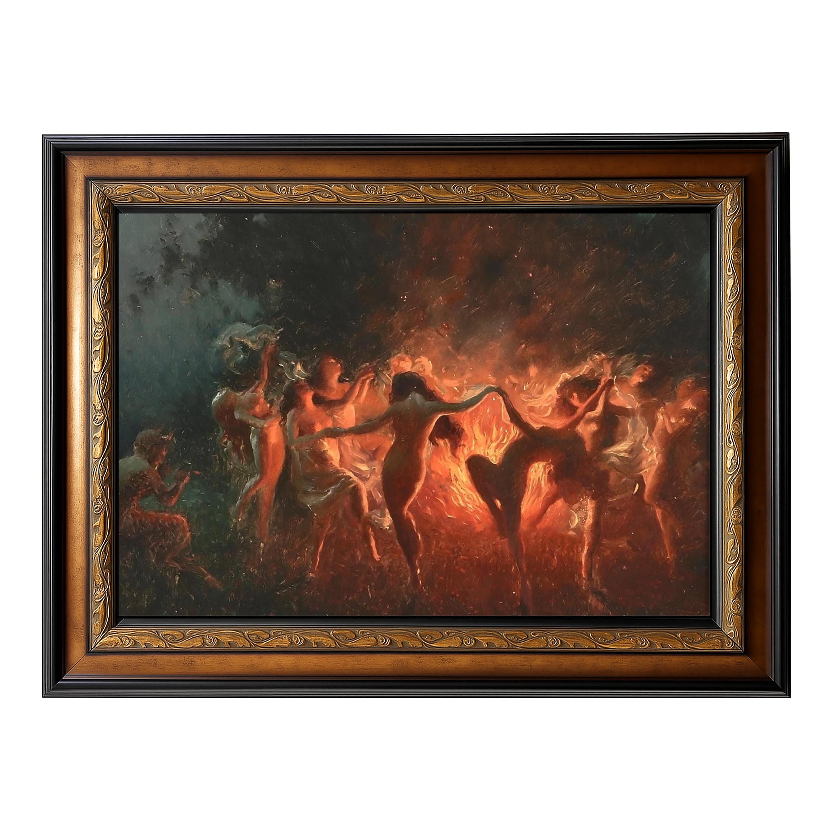 Nude Nymphs Dancing to Pans Flute Around the Fire by Joseph Tomanek, G – Ebon et Noir