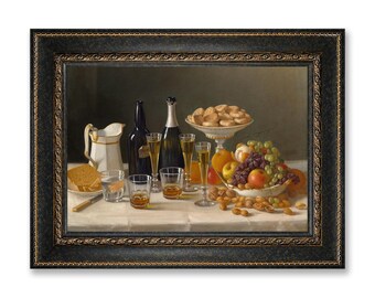 Wine Cheese and Fruit Framed Canvas Wall Art, John F Francis Moody Still Life Painting Print, Large Vintage Wall Decor for Home Kitchen