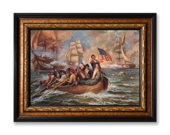 Battle of Lake Erie Framed Canvas Wall Art, Edward Percy Moran War of 1812 American Naval Painting Print, Large Historical Wall Decor