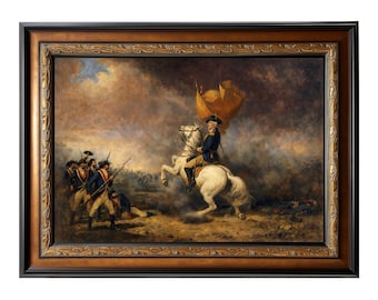 Pode incluir: Pintura histórica emoldurada que retrata um homem em um cavalo branco, segurando uma bandeira, liderando soldados em uma cena de batalha. A obra de arte tem uma moldura escura e ornamentada com detalhes dourados.