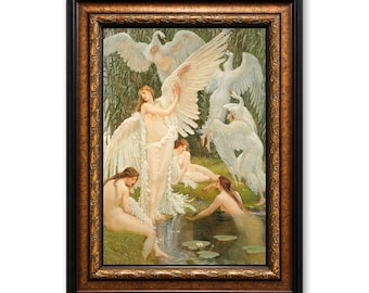 The Swan Maidens Framed Canvas Wall Art, Walter Crane Victorian Arts & Crafts Oil Painting Print, Large Home Office Wall Decor