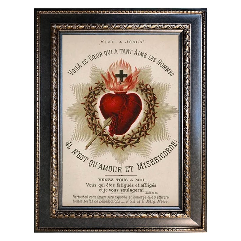 Framed 42x30 Sacred Heart of Jesus Print, Vintage French Catholic ...