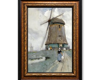 A Windmill near Volendam Framed Canvas Wall Art, Henri Cassiers Dutch Landscape Painting Print, Vintage Countryside Large Wall Decor