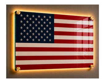 Large Tempered Glass American Flag Wall Art, Floating Glass Display, Vintage Patriotic Americana Decor, US Flag Artwork