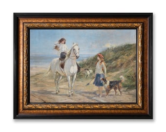 Holiday Time, Girls on a Beach with Horse and Dog Framed Canvas Wall Art, Heywood Hardy Victorian Painting Print, Large Wall Decor